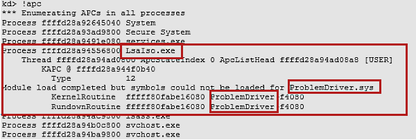 ！apc 命令的输出的屏幕截图。在此示例中，名为ProblemDriver.sys的驱动程序列在LsaIso.exe下。