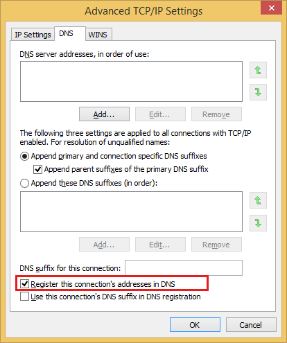 “高级 TCP/IP 设置”窗口的屏幕截图，其中未选中“在 DNS 中注册此连接的地址”。