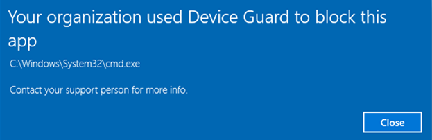 组织使用 Device Guard 阻止此应用错误的屏幕截图。